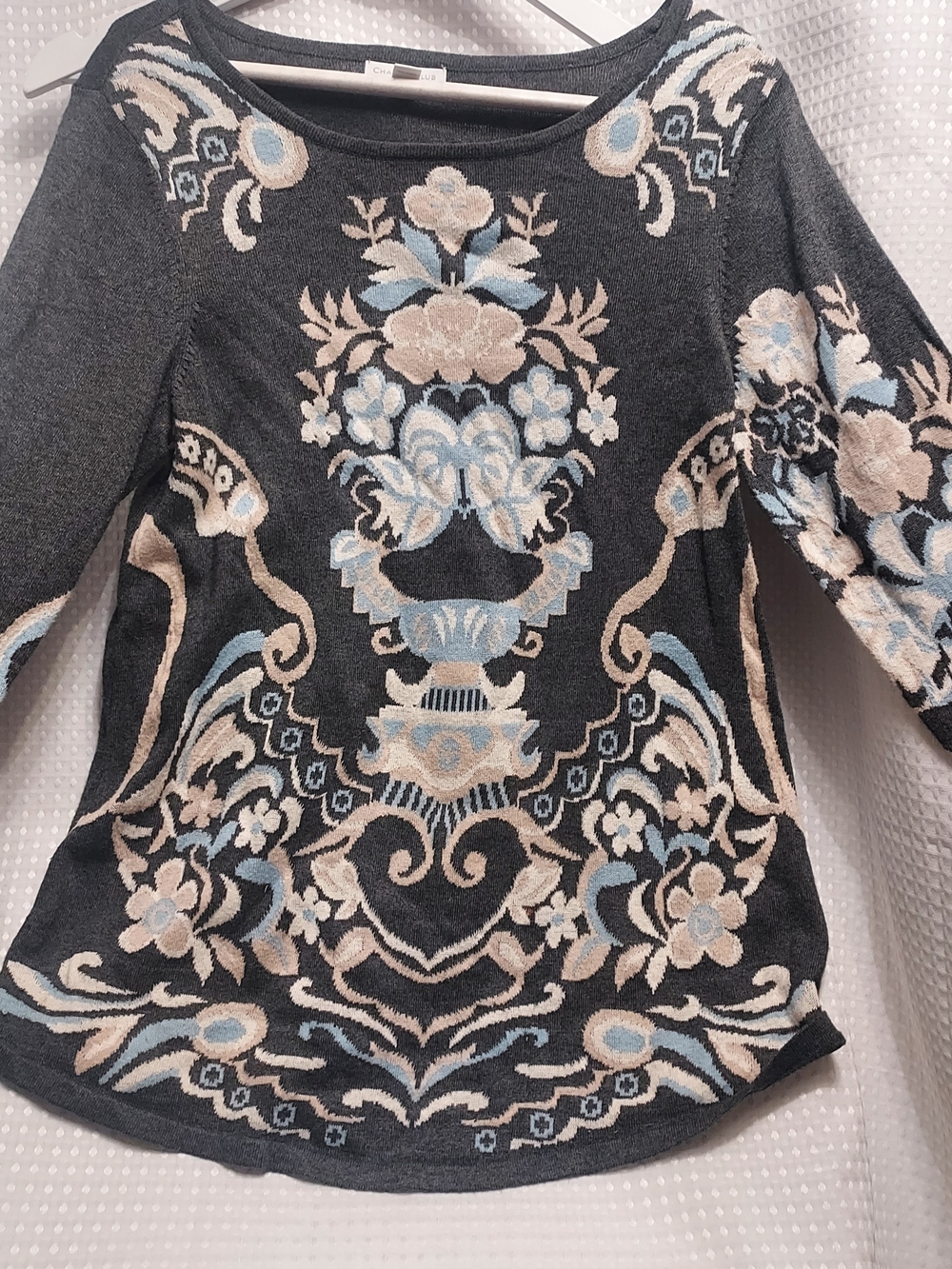 Charter Club Dark Gray Scoop Neck Sweater with Blue & Cream Floral Design